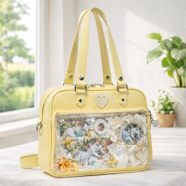 Large White Ita Messenger Bag with Clear Window for Plushies and Pins — ita bag detail view