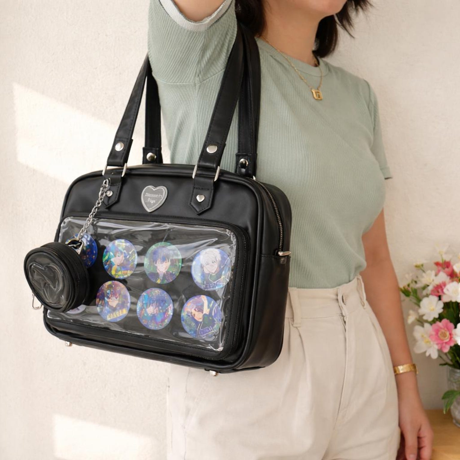 Large White Ita Messenger Bag with Clear Window for Plushies and Pins Large White Ita Messenger Bag with Clear Window for Plushies and Pins — ita bag detail view