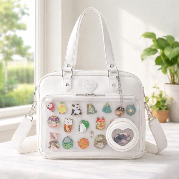 Large White Ita Messenger Bag with Clear Window for Plushies and Pins — ita bag with clear display window