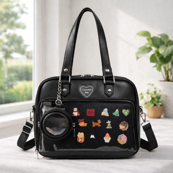 Large White Ita Messenger Bag with Clear Window for Plushies and Pins — ita bag detail view