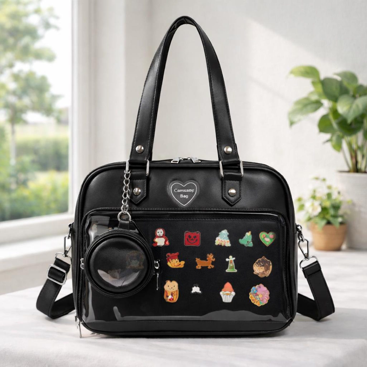 Large White Ita Messenger Bag with Clear Window for Plushies and Pins Large White Ita Messenger Bag with Clear Window for Plushies and Pins — ita bag detail view