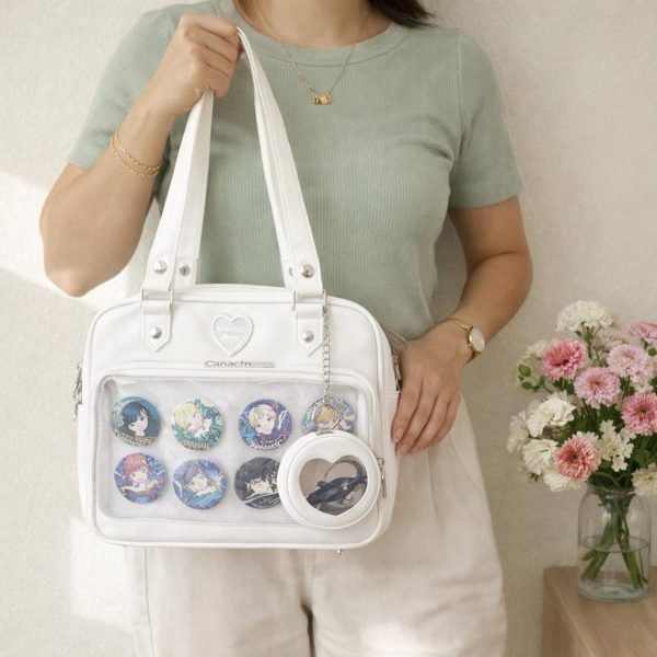 Large White Ita Messenger Bag with Clear Window for Plushies and Pins — ita bag detail view