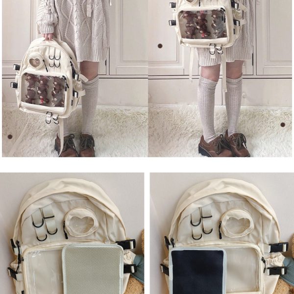 Large White Kawaii Ita Backpack with Clear Window for Pin Display — ita backpack detail view