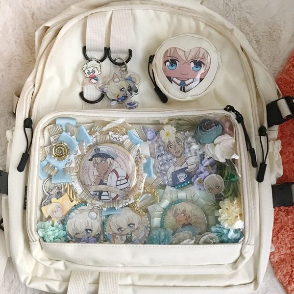 Large White Kawaii Ita Backpack with Clear Window for Pin Display — ita backpack detail view