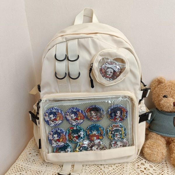Large White Kawaii Ita Backpack with Clear Window for Pin Display — ita backpack detail view