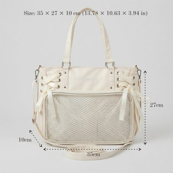 Large White Kawaii Y2K Ita Backpack with Clear Window for Plushies and Pins — ita backpack detail view