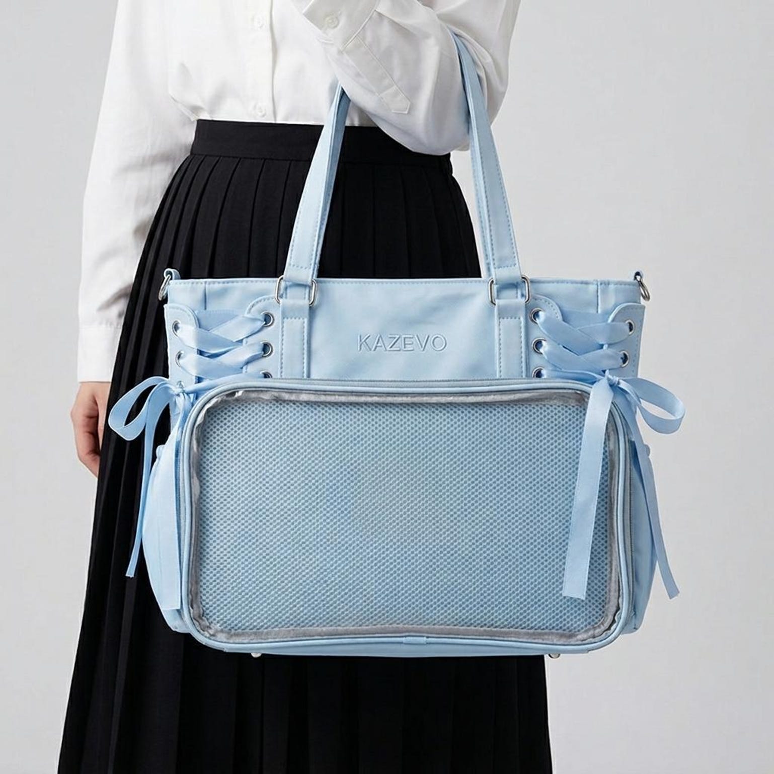Large White Kawaii Y2K Ita Backpack with Clear Window for Plushies and Pins Large White Kawaii Y2K Ita Backpack with Clear Window for Plushies and Pins — ita backpack detail view