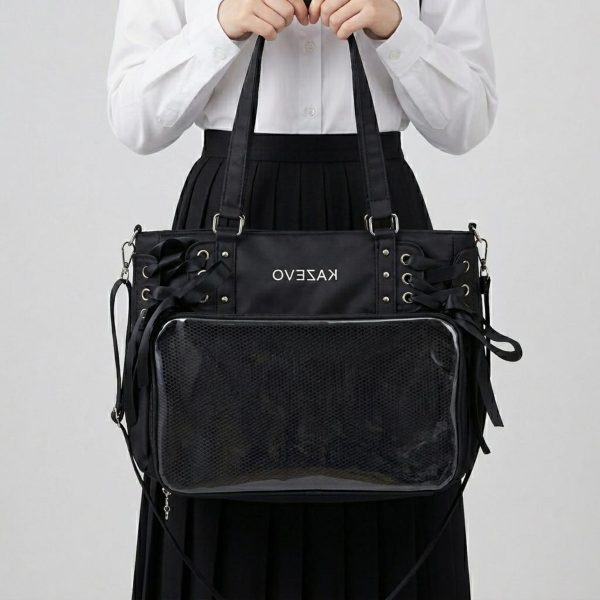Large White Kawaii Y2K Ita Backpack with Clear Window for Plushies and Pins — ita backpack detail view