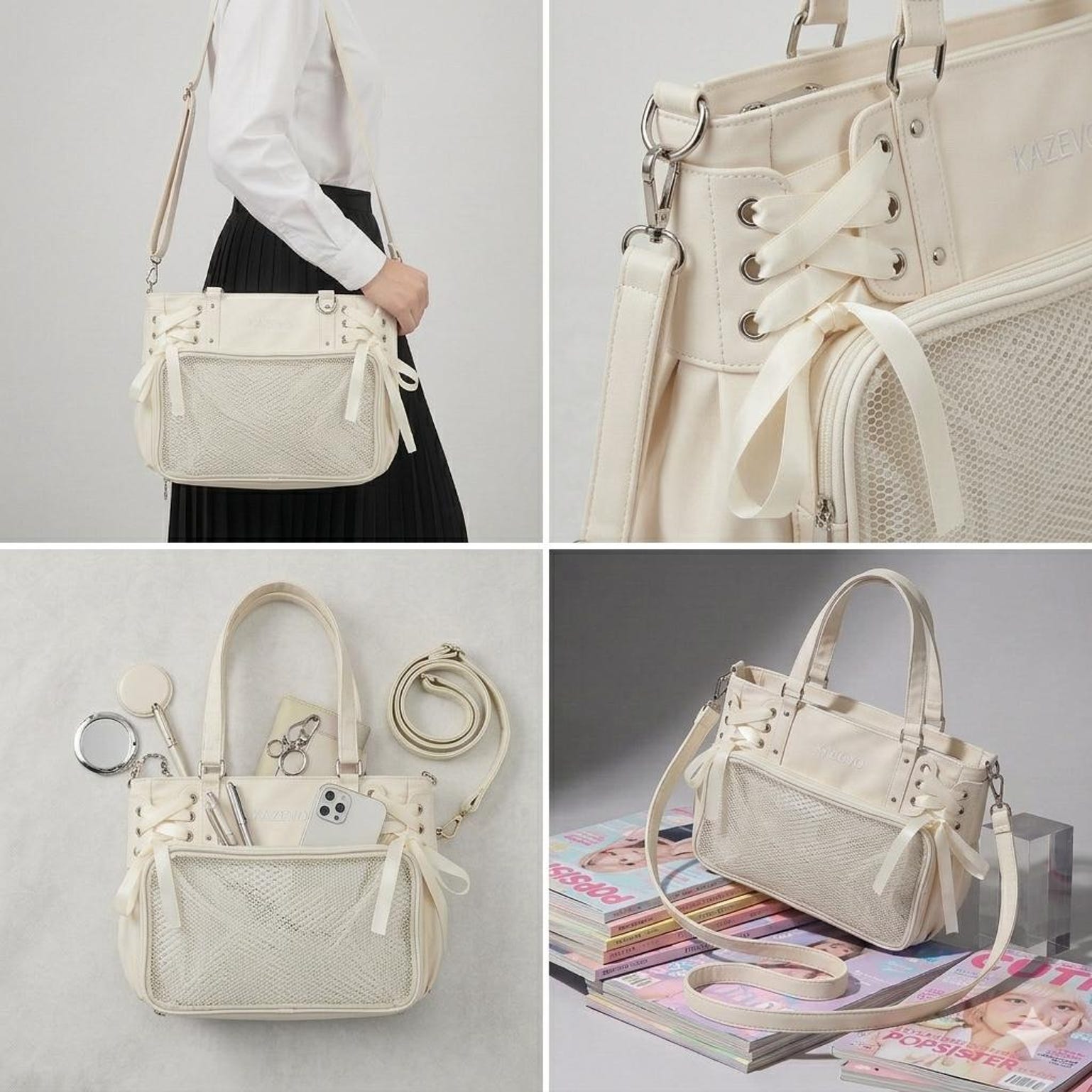 Large White Kawaii Y2K Ita Backpack with Clear Window for Plushies and Pins Large White Kawaii Y2K Ita Backpack with Clear Window for Plushies and Pins — ita backpack detail view