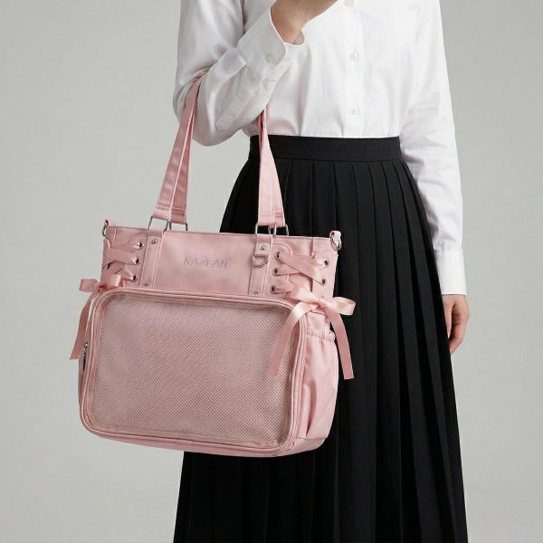 Large White Kawaii Y2K Ita Backpack with Clear Window for Plushies and Pins — ita backpack detail view