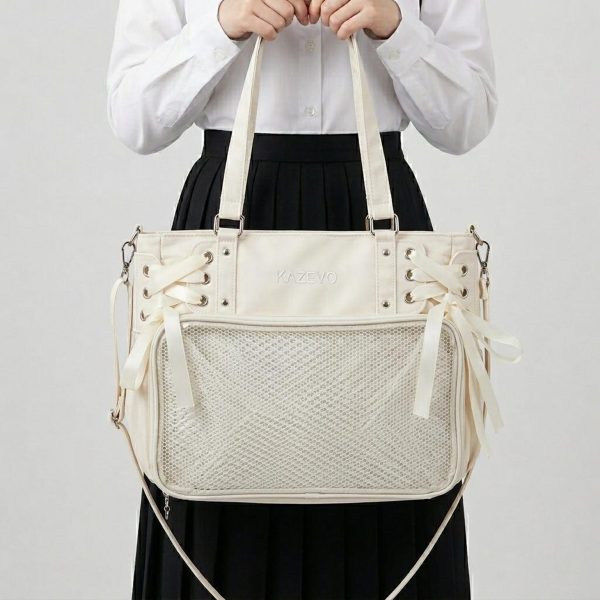 Large White Kawaii Y2K Ita Backpack with Clear Window for Plushies and Pins — ita backpack detail view