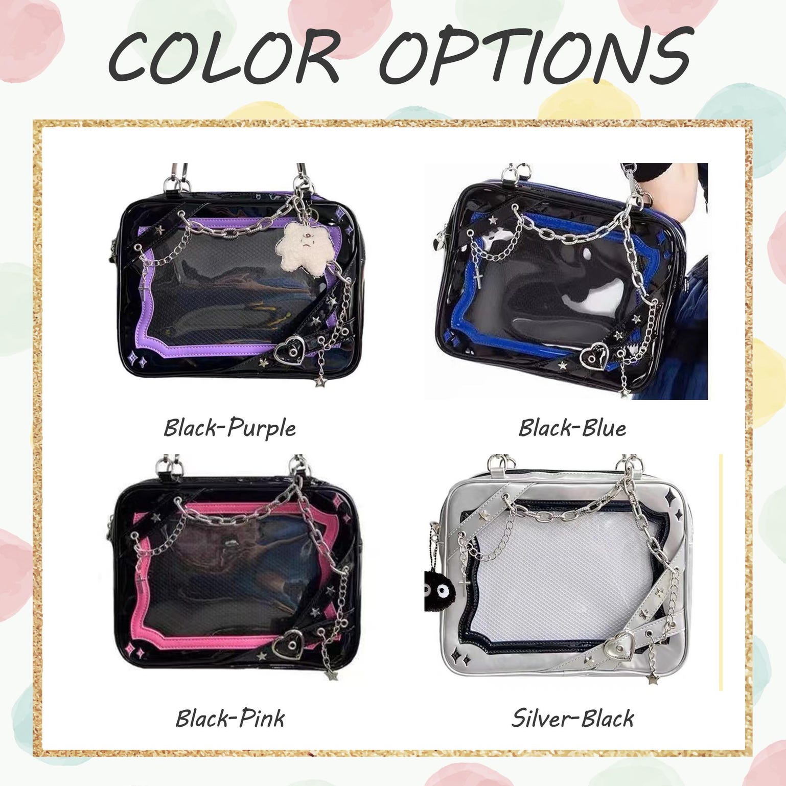 Large Y2K Gothic Convertible Ita Bag with Clear Window for Pin Display Large Y2K Gothic Convertible Ita Bag with Clear Window for Pin Display — ita bag detail view