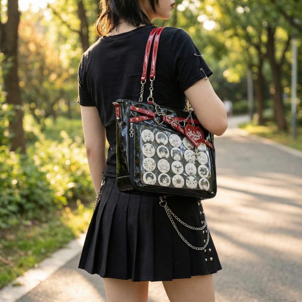 Large Y2K Gothic Ita Shoulder Bag with Clear Window for Pin Display — crossbody ita bag detail view
