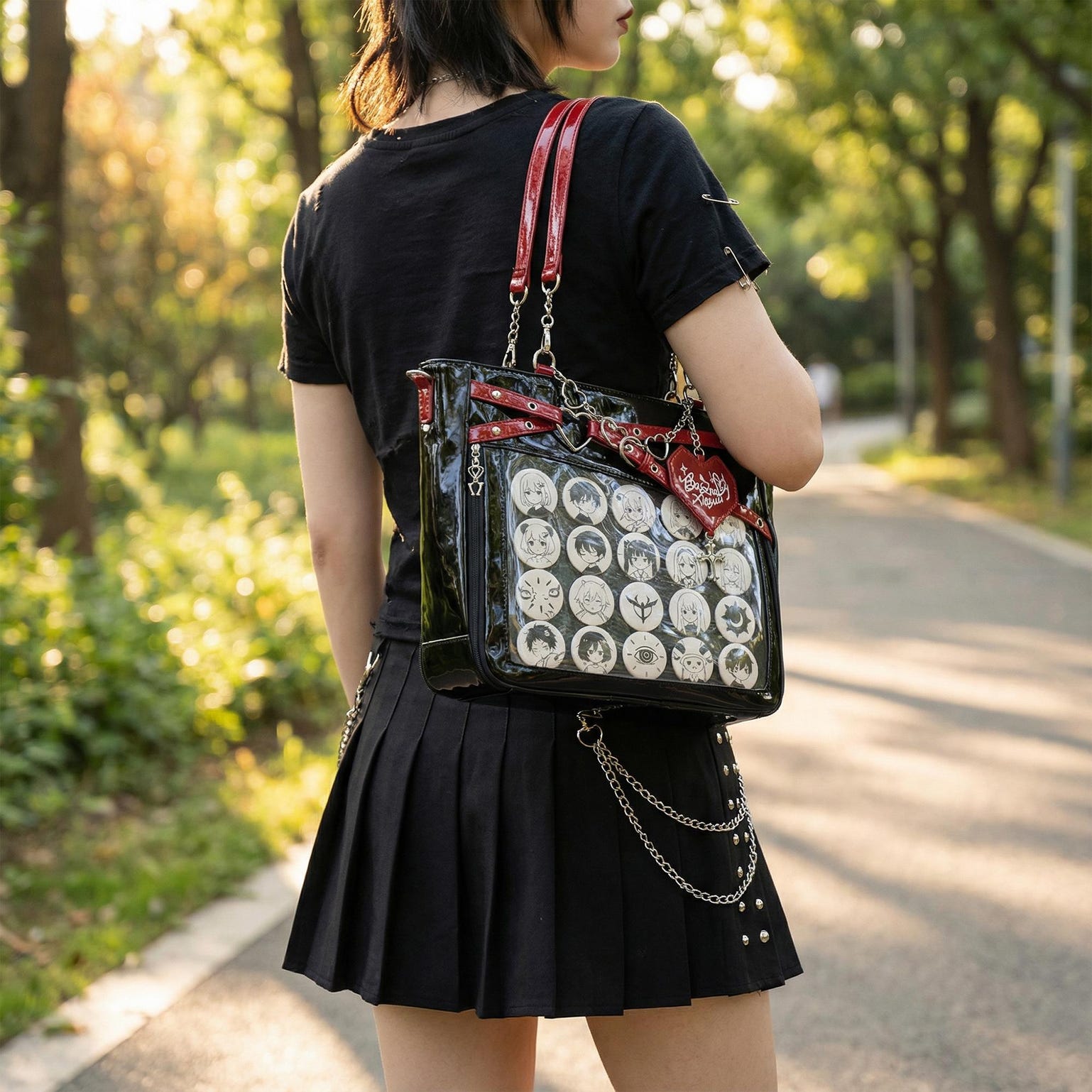 Large Y2K Gothic Ita Shoulder Bag with Clear Window for Pin Display Large Y2K Gothic Ita Shoulder Bag with Clear Window for Pin Display — crossbody ita bag detail view