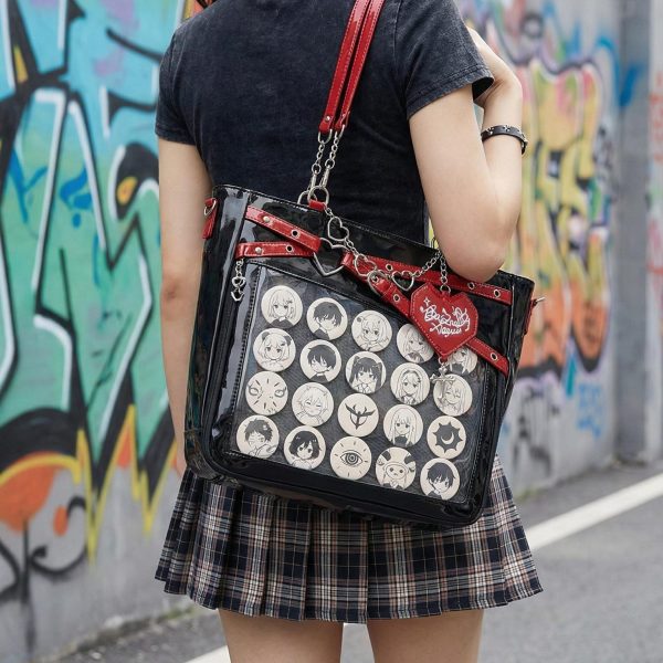 Large Y2K Gothic Ita Shoulder Bag with Clear Window for Pin Display — crossbody ita bag detail view