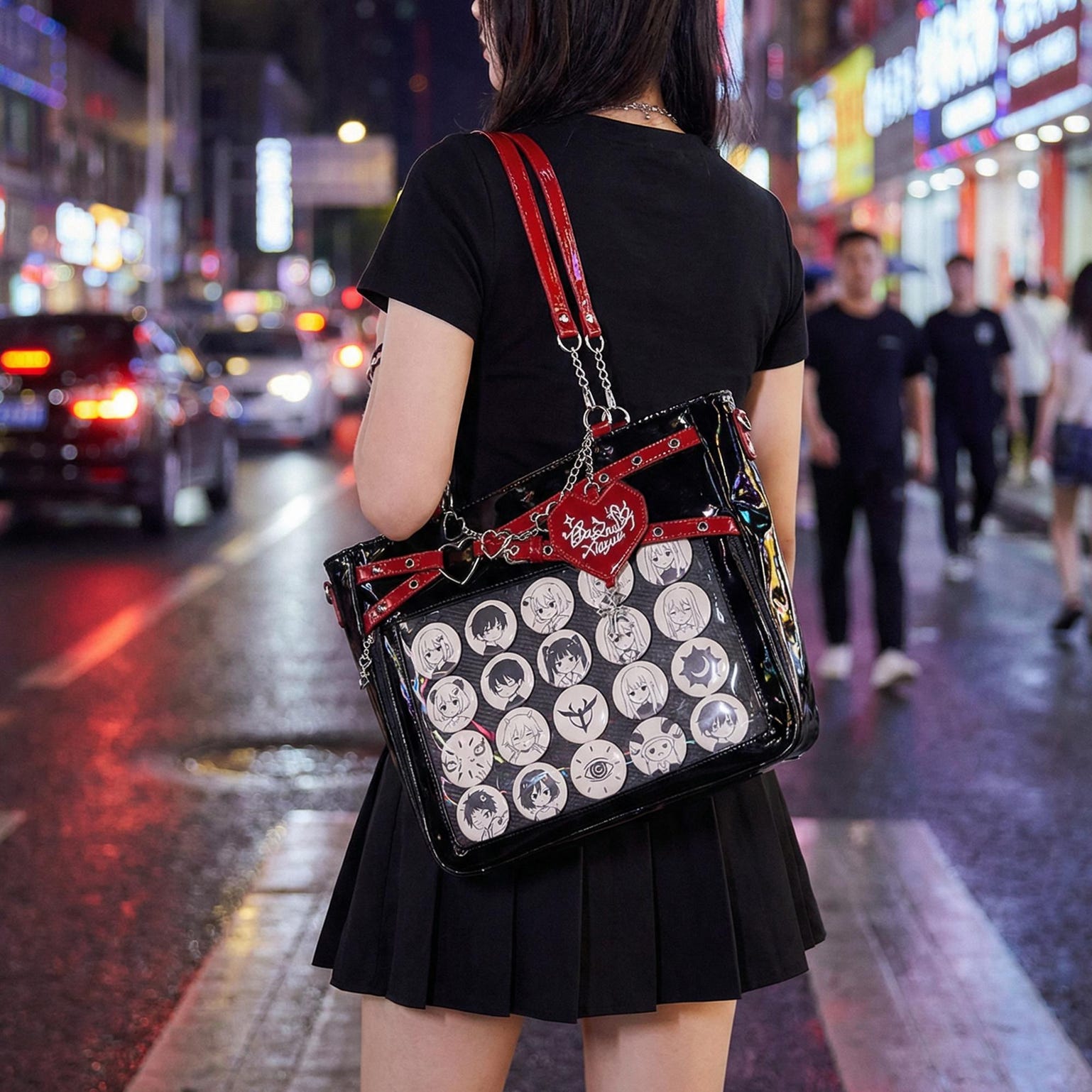Large Y2K Gothic Ita Shoulder Bag with Clear Window for Pin Display Large Y2K Gothic Ita Shoulder Bag with Clear Window for Pin Display — crossbody ita bag detail view