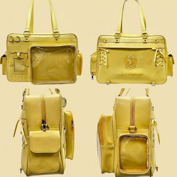 Large Yellow Ita Shoulder Bag for Plushies and Pins — crossbody ita bag detail view