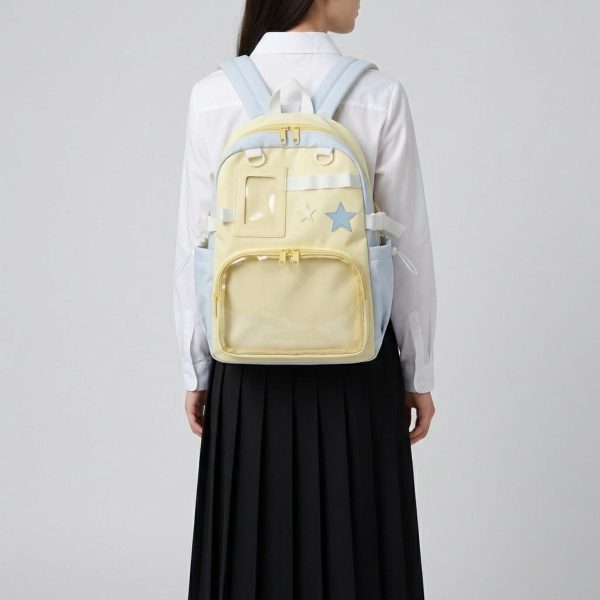 Large Yellow Kawaii Y2K Ita Backpack with Clear Window for Photocards and Pins — ita backpack detail view