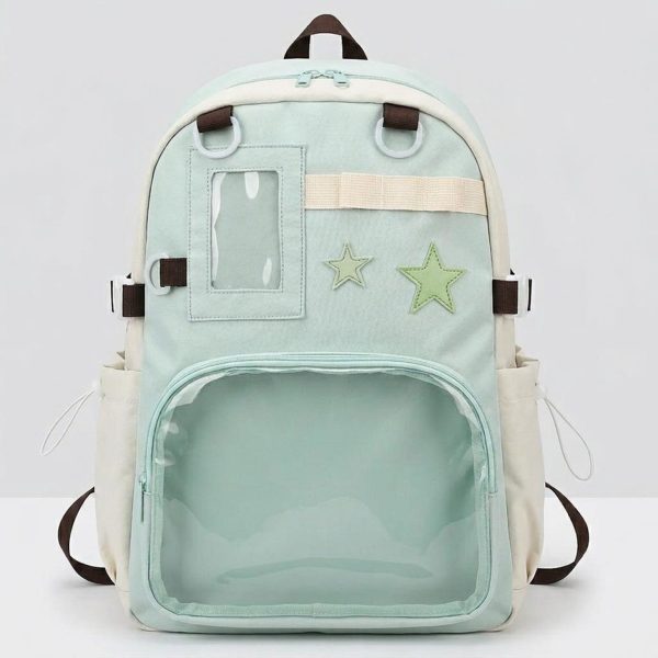 Large Yellow Kawaii Y2K Ita Backpack with Clear Window for Photocards and Pins — ita backpack detail view