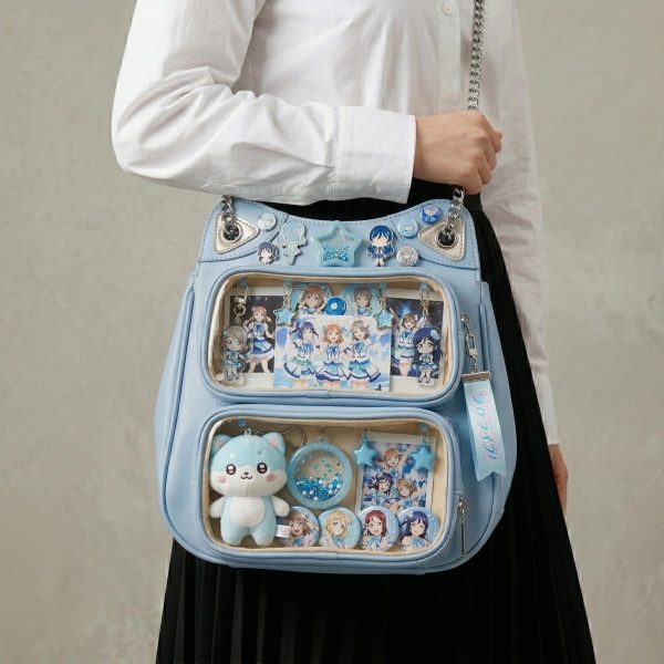 Large Yellow Kawaii Y2K Ita Backpack with Clear Window for Photocards and Pins — ita backpack detail view