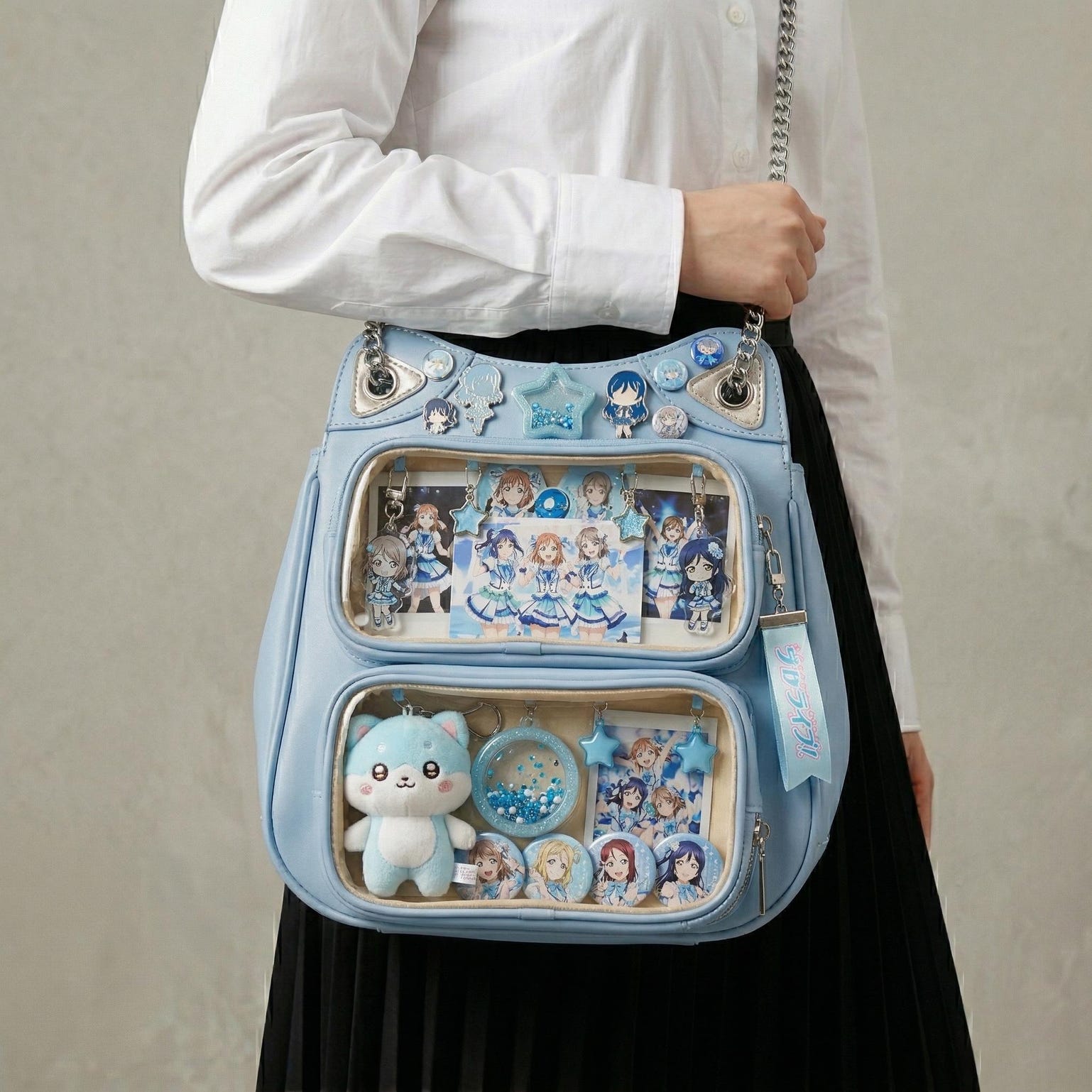 Large Yellow Kawaii Y2K Ita Backpack with Clear Window for Photocards and Pins Large Yellow Kawaii Y2K Ita Backpack with Clear Window for Photocards and Pins — ita backpack detail view