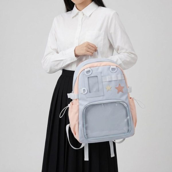 Large Yellow Kawaii Y2K Ita Backpack with Clear Window for Photocards and Pins — ita backpack detail view