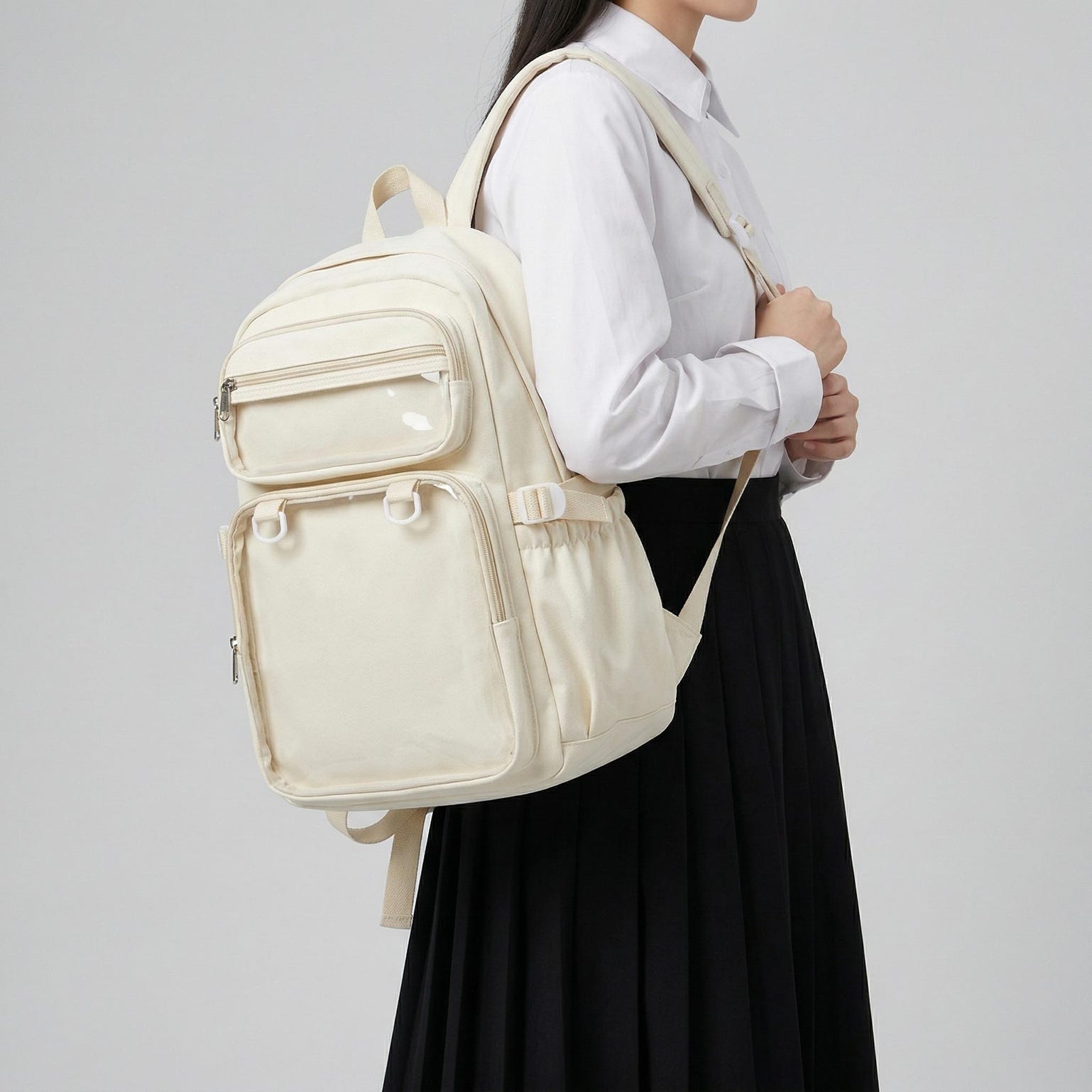 Large Yellow Kawaii Y2K Ita Backpack with Clear Window for Photocards and Pins Large Yellow Kawaii Y2K Ita Backpack with Clear Window for Photocards and Pins — ita backpack detail view