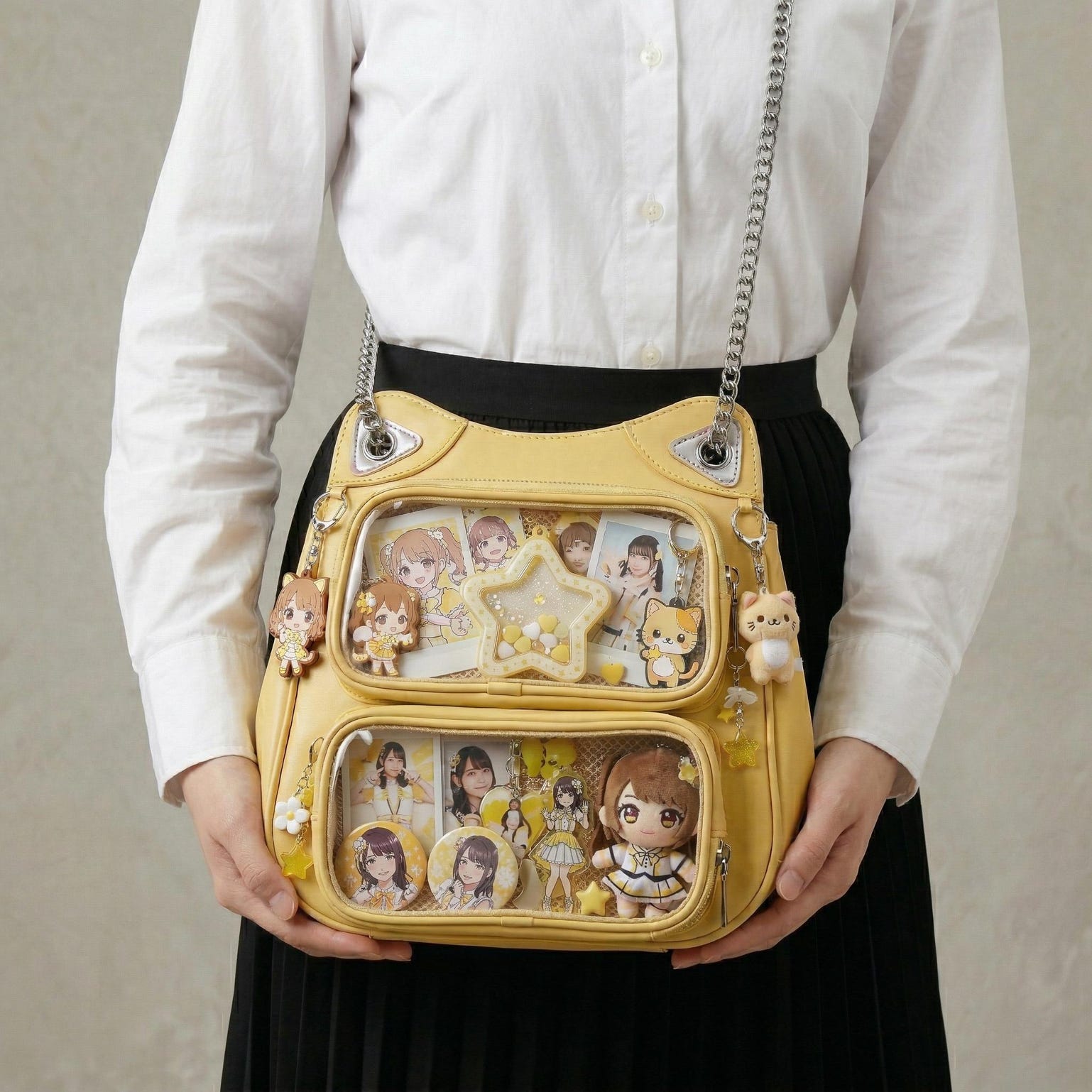Large Yellow Kawaii Y2K Ita Backpack with Clear Window for Photocards and Pins Large Yellow Kawaii Y2K Ita Backpack with Clear Window for Photocards and Pins — ita backpack detail view