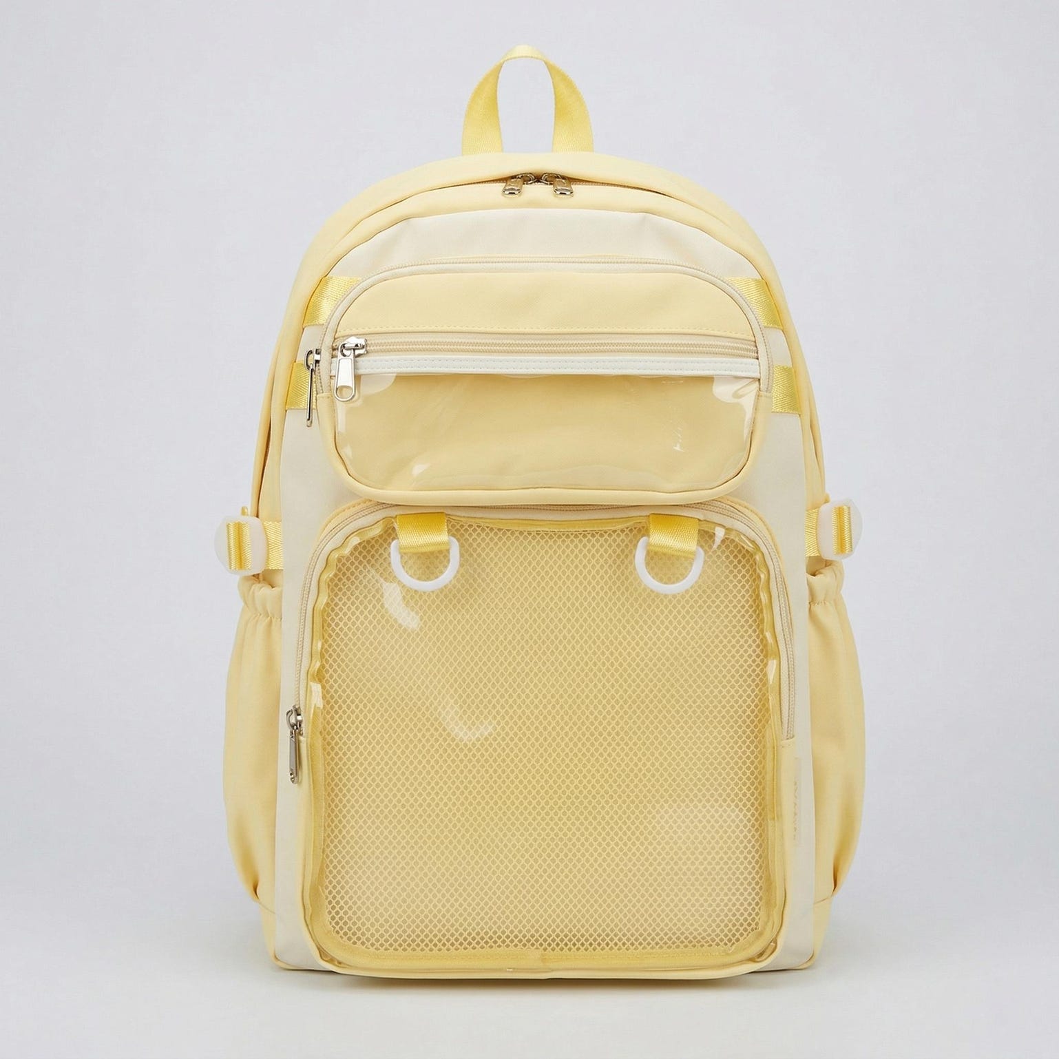 Large Yellow Kawaii Y2K Ita Backpack with Clear Window for Photocards and Pins Large Yellow Kawaii Y2K Ita Backpack with Clear Window for Photocards and Pins — ita backpack detail view