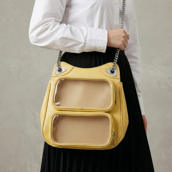 Large Yellow Kawaii Y2K Ita Backpack with Clear Window for Photocards and Pins — ita backpack detail view