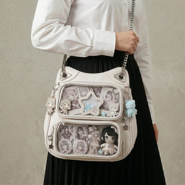 Large Yellow Kawaii Y2K Ita Backpack with Clear Window for Photocards and Pins — ita backpack detail view