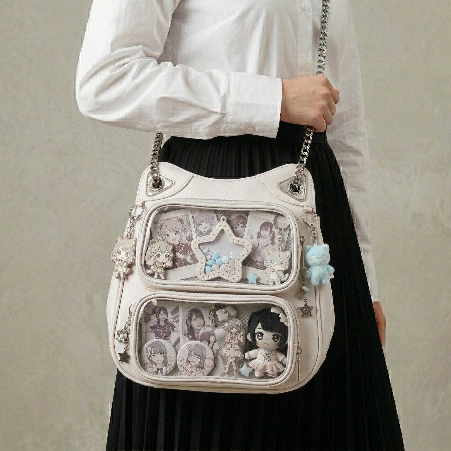 Large Yellow Kawaii Y2K Ita Backpack with Clear Window for Photocards and Pins Large Yellow Kawaii Y2K Ita Backpack with Clear Window for Photocards and Pins — ita backpack detail view