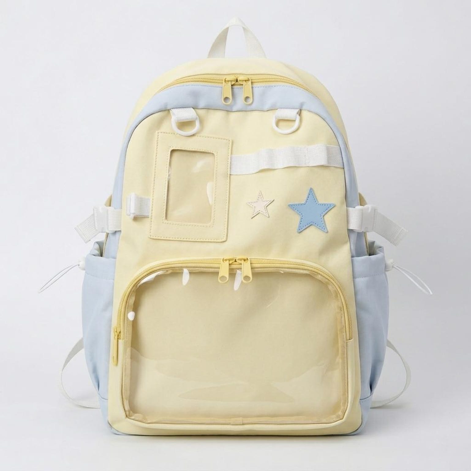 Large Yellow Kawaii Y2K Ita Backpack with Clear Window for Photocards and Pins Large Yellow Kawaii Y2K Ita Backpack with Clear Window for Photocards and Pins — ita backpack detail view