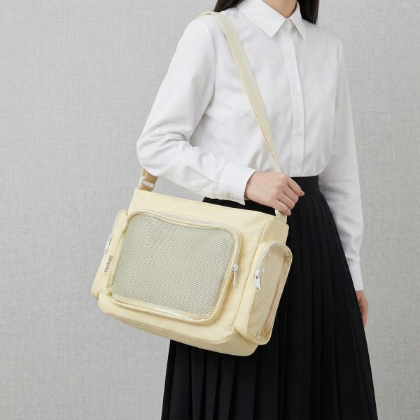 Large Yellow Kawaii Y2K Ita Backpack with Clear Window for Pin Display — ita backpack detail view