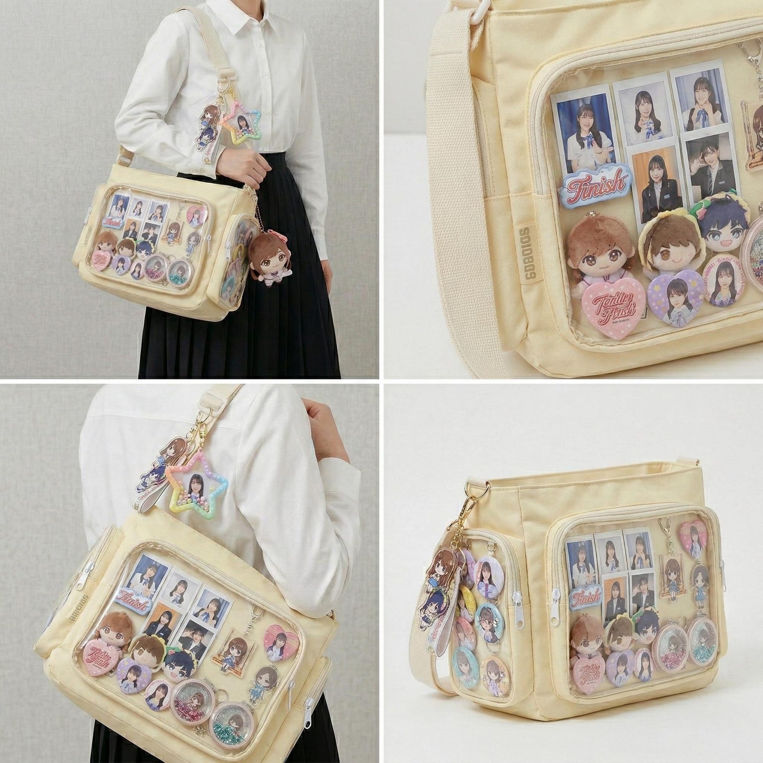 Large Yellow Kawaii Y2K Ita Backpack with Clear Window for Pin Display Large Yellow Kawaii Y2K Ita Backpack with Clear Window for Pin Display — ita backpack detail view