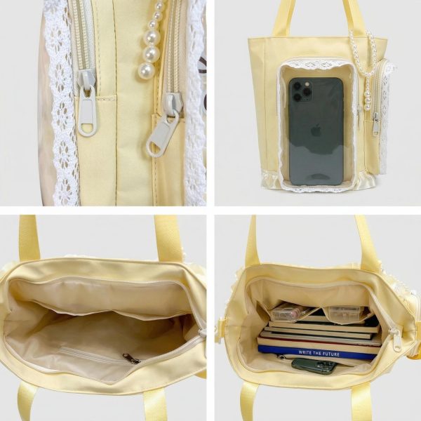 Large Yellow Kawaii Y2K Ita Backpack with Clear Window for Pin Display — ita backpack detail view