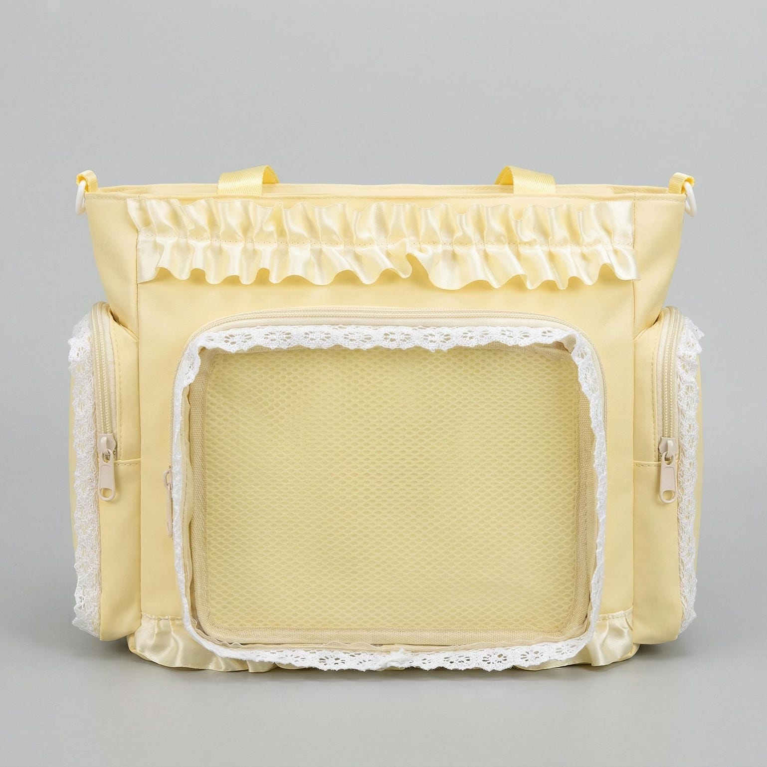 Large Yellow Kawaii Y2K Ita Backpack with Clear Window for Pin Display Large Yellow Kawaii Y2K Ita Backpack with Clear Window for Pin Display — ita backpack detail view