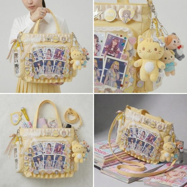 Large Yellow Kawaii Y2K Ita Backpack with Clear Window for Pin Display — ita backpack detail view