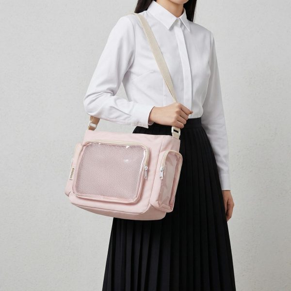 Large Yellow Kawaii Y2K Ita Backpack with Clear Window for Pin Display — ita backpack detail view