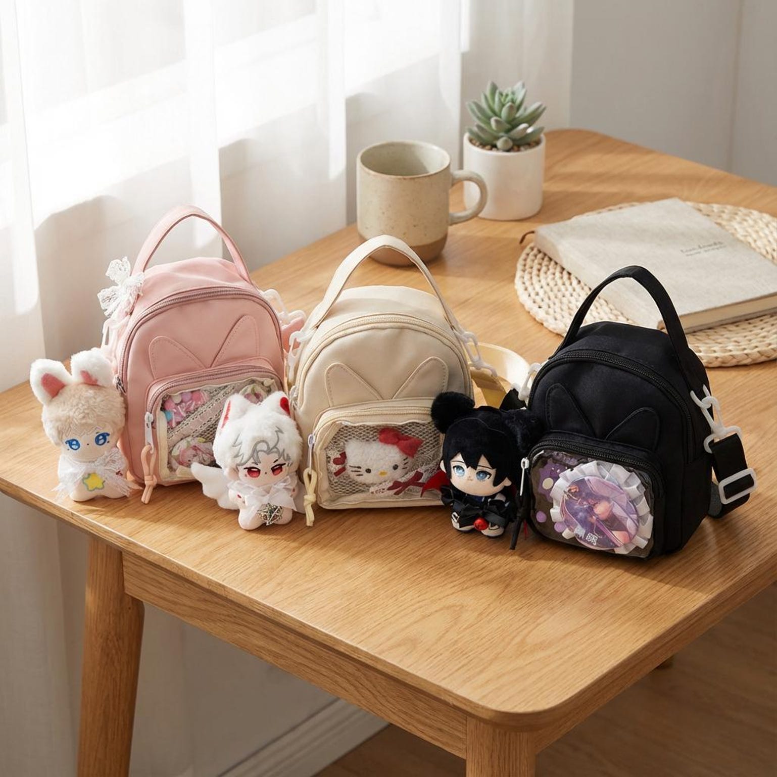 Mini Kawaii Ita Shoulder Bag with Clear Window for Plushies and Pins Mini Kawaii Ita Shoulder Bag with Clear Window for Plushies and Pins — crossbody ita bag detail view