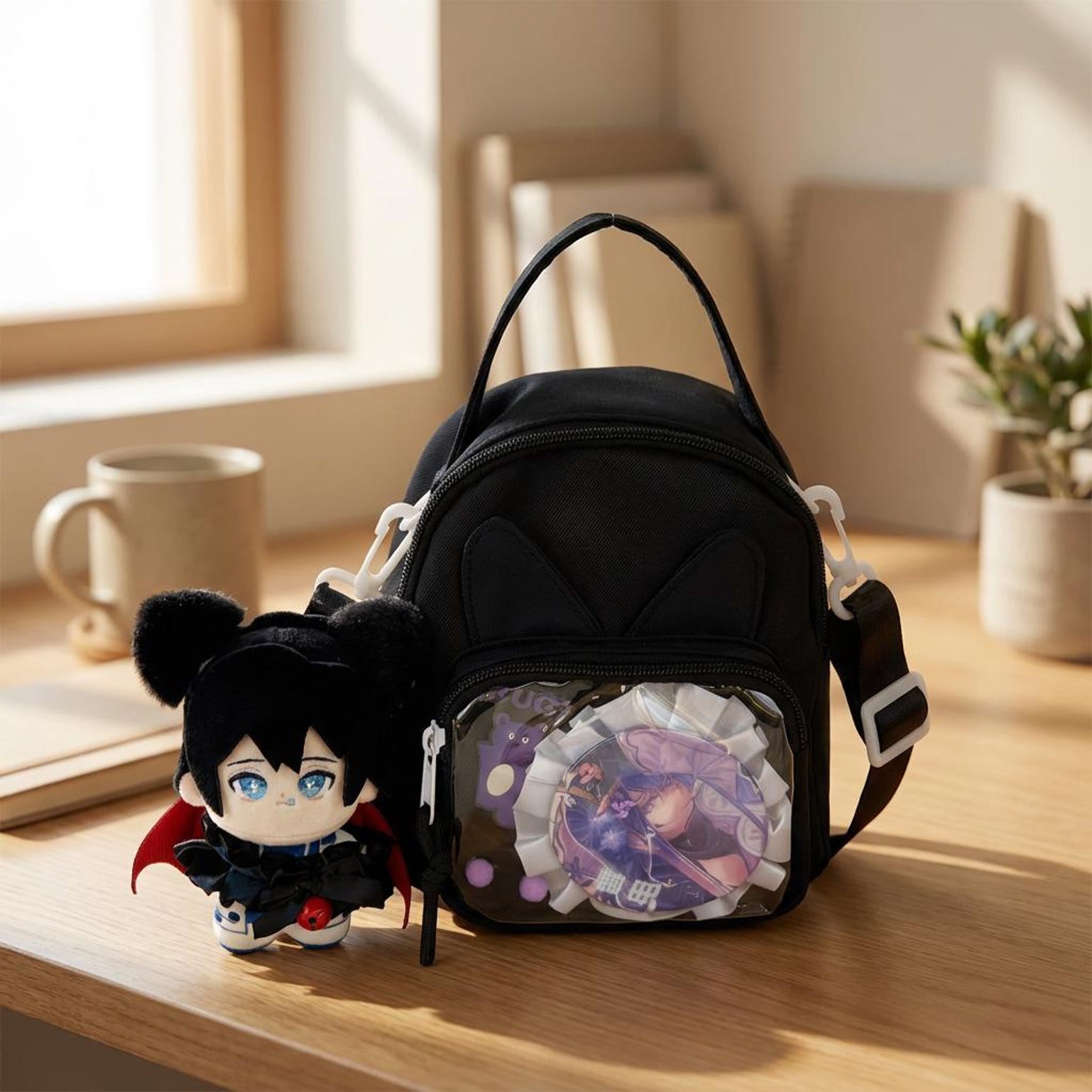 Mini Kawaii Ita Shoulder Bag with Clear Window for Plushies and Pins Mini Kawaii Ita Shoulder Bag with Clear Window for Plushies and Pins — crossbody ita bag detail view