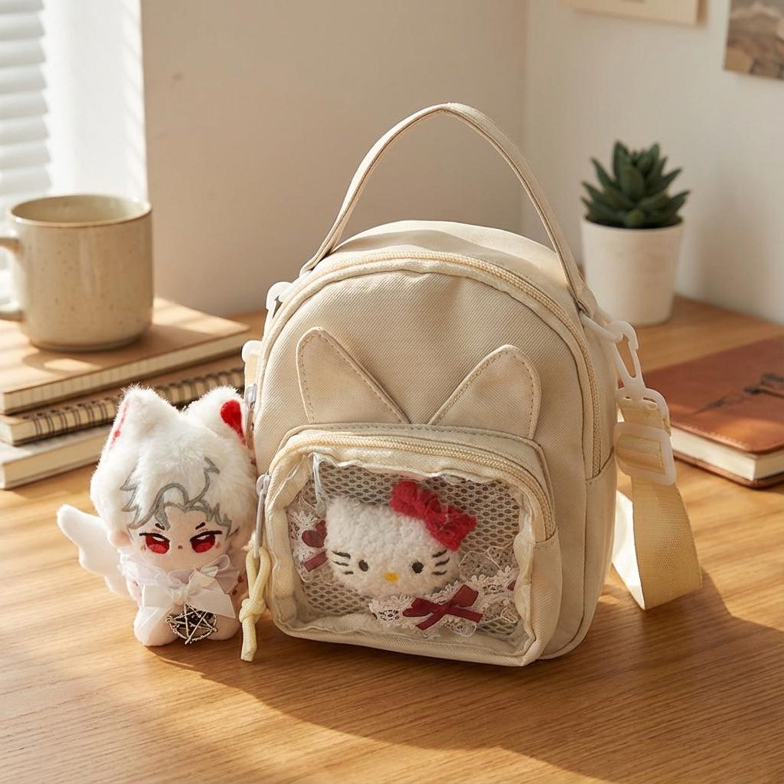 Mini Kawaii Ita Shoulder Bag with Clear Window for Plushies and Pins Mini Kawaii Ita Shoulder Bag with Clear Window for Plushies and Pins — crossbody ita bag detail view