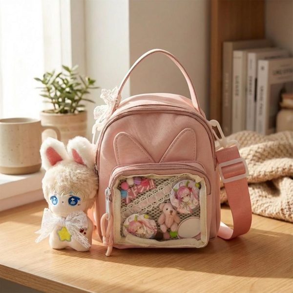Mini Kawaii Ita Shoulder Bag with Clear Window for Plushies and Pins — crossbody ita bag detail view