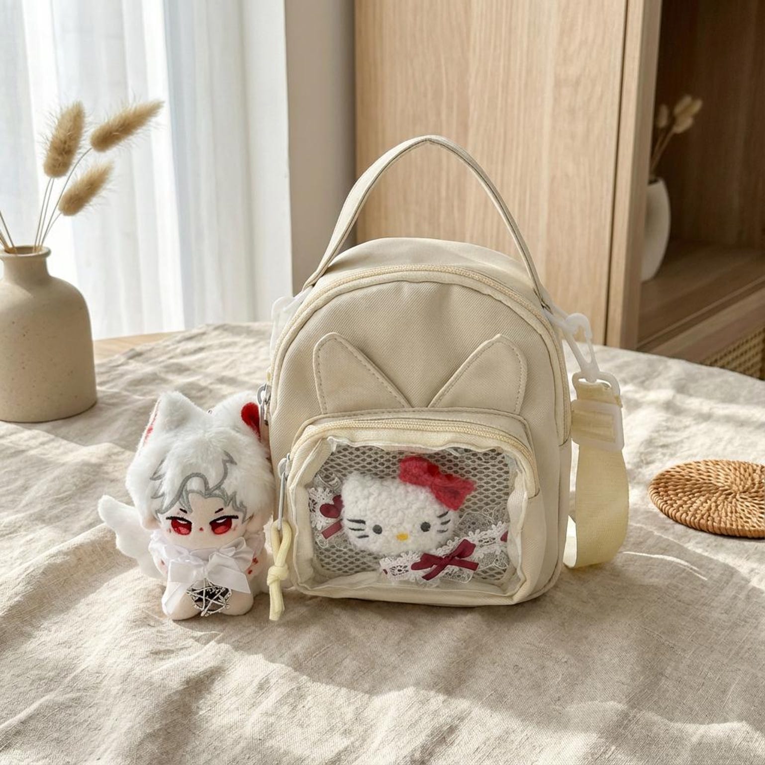 Mini Kawaii Ita Shoulder Bag with Clear Window for Plushies and Pins Mini Kawaii Ita Shoulder Bag with Clear Window for Plushies and Pins — crossbody ita bag detail view