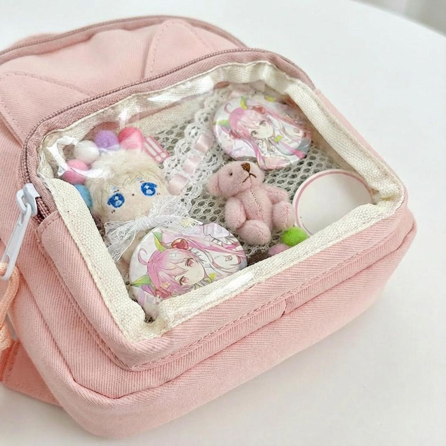 Mini Kawaii Ita Shoulder Bag with Clear Window for Plushies and Pins Mini Kawaii Ita Shoulder Bag with Clear Window for Plushies and Pins — crossbody ita bag detail view