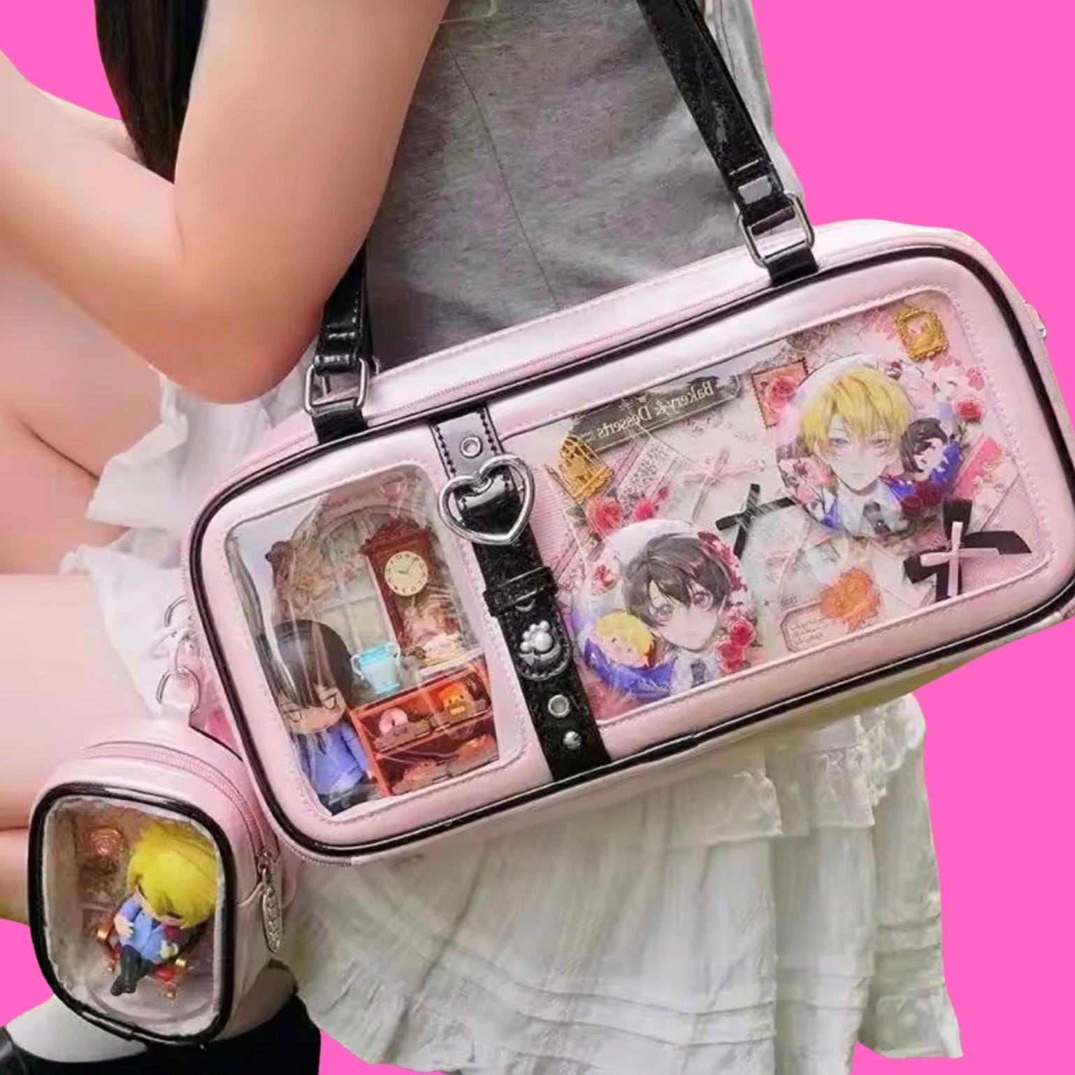 Mini Pink Ita Messenger Bag for Plushies and Pins Mini Pink Ita Messenger Bag for Plushies and Pins — mini ita bag detail view