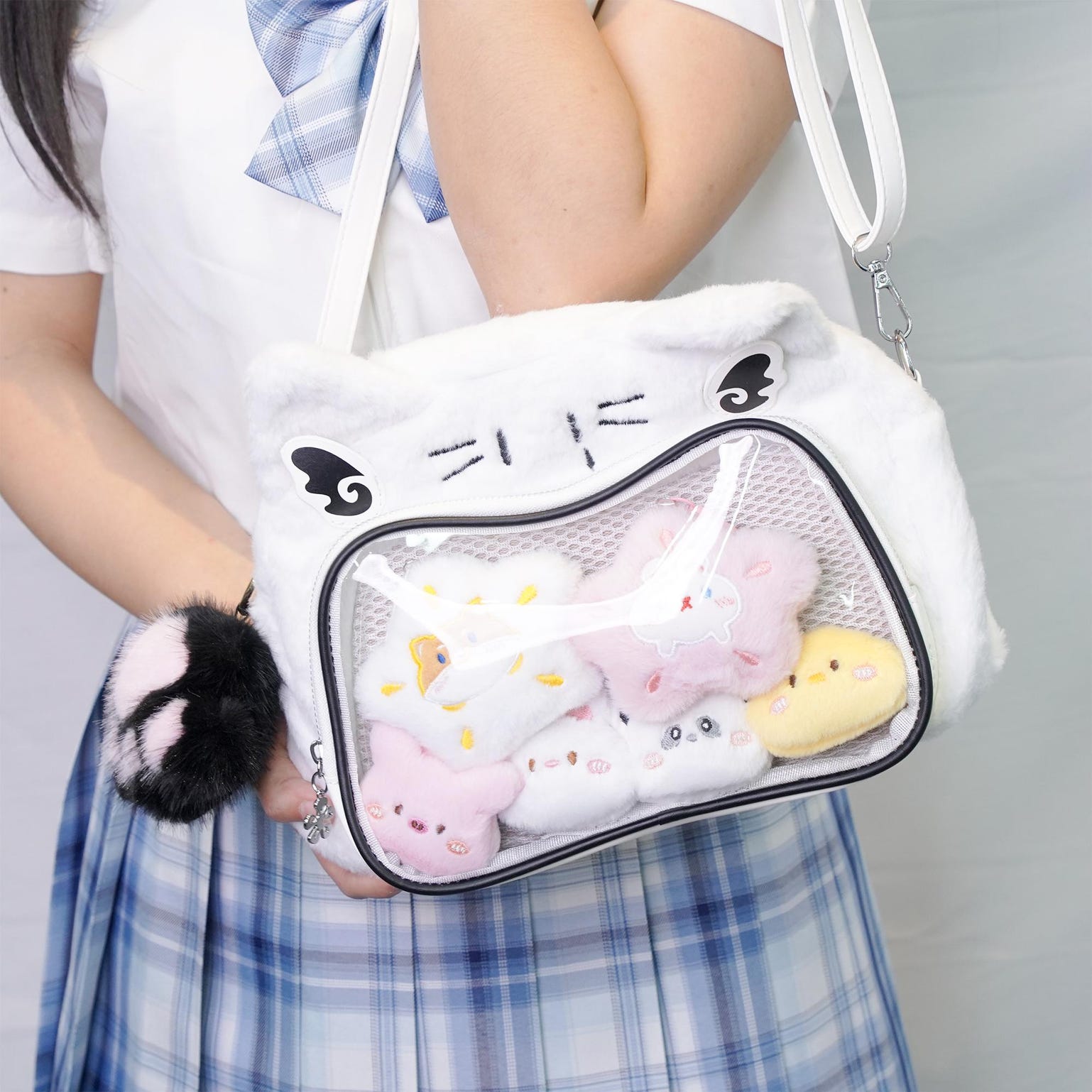 Multicolored Kawaii Ita Shoulder Bag with Clear Window for Plushies and Pins Multicolored Kawaii Ita Shoulder Bag with Clear Window for Plushies and Pins — crossbody ita bag detail view