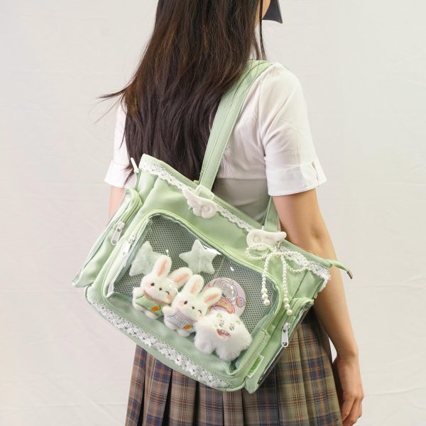Multicolored Kawaii Ita Shoulder Bag with Clear Window for Plushies and Pins — crossbody ita bag detail view