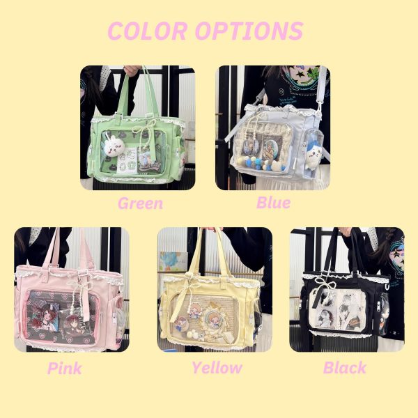 Multicolored Kawaii Ita Shoulder Bag with Clear Window for Plushies and Pins — crossbody ita bag detail view