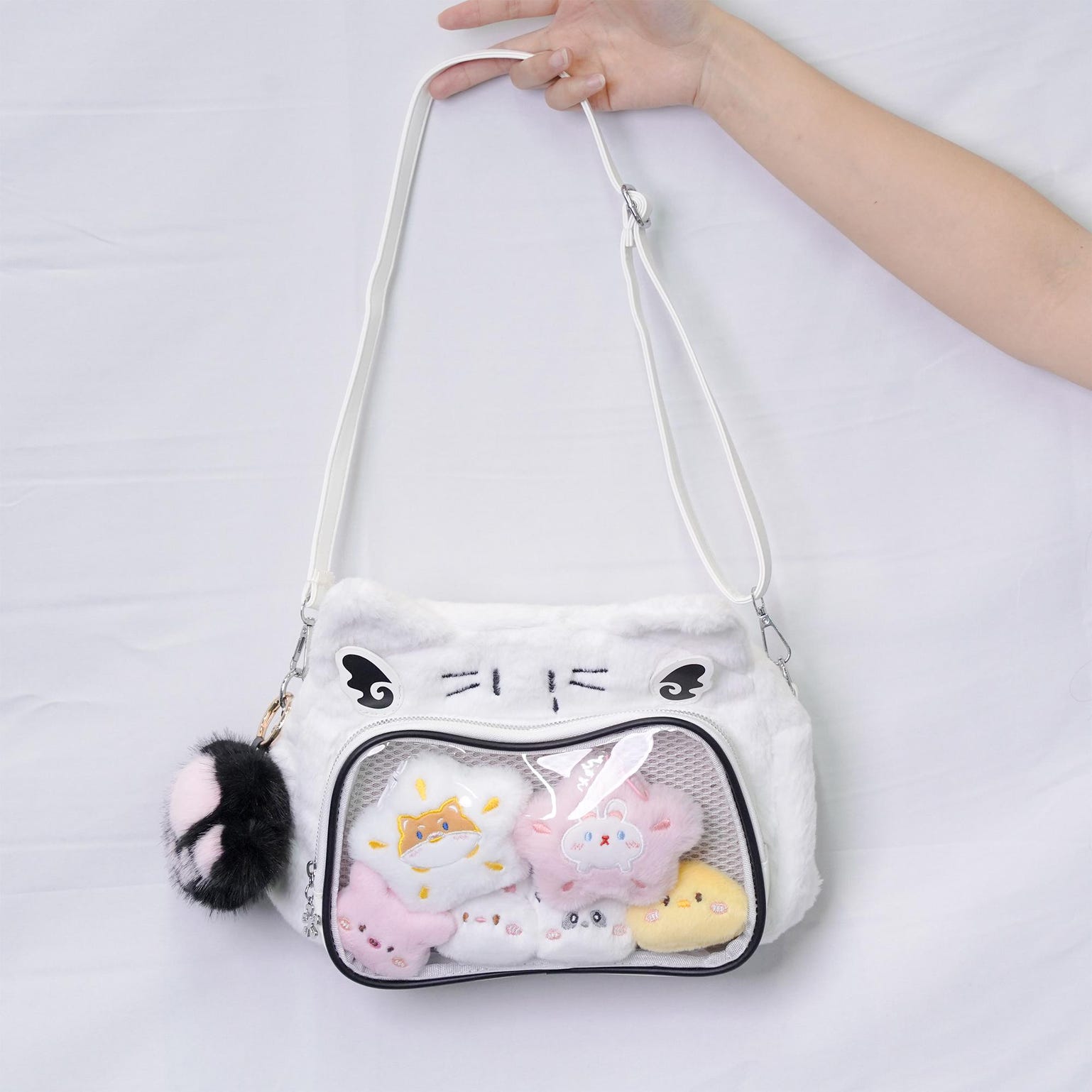 Multicolored Kawaii Ita Shoulder Bag with Clear Window for Plushies and Pins Multicolored Kawaii Ita Shoulder Bag with Clear Window for Plushies and Pins — crossbody ita bag detail view